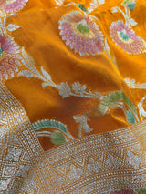 Turmeric Yellow Pure Khaddi Georgette Silk Saree with Water Zari and Hand Brush | Floral Saree | SILK MARK CERTIFIED