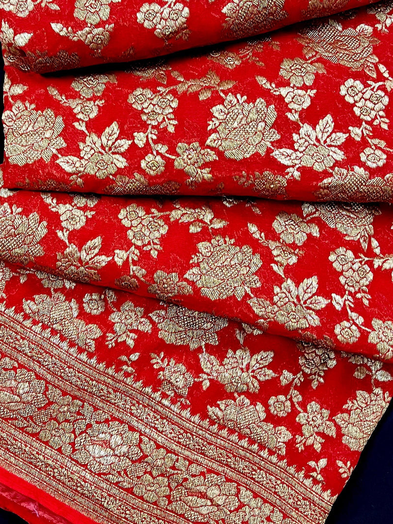 Red Color Pure Khaddi Georgette Banarasi Silk Saree - Antique Zari Weave  - SILK MARK CERTIFIED