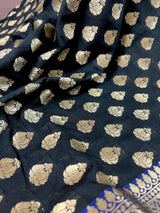 Black with Blue Color Traditional Banarasi Silk Handloom Saree with Wide Border | Meenakari and Satin Patta Border |  Floral Saree