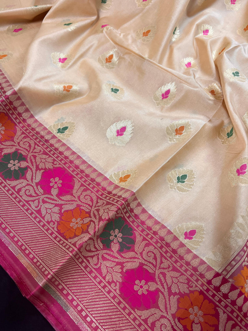 Ivory Cream Banarasi Silk Saree with Hot Pink combination - Meenakari Floral Design - Soft Silk Handloom Saree