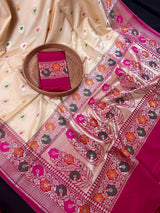 Ivory Cream Banarasi Silk Saree with Hot Pink combination - Meenakari Floral Design - Soft Silk Handloom Saree