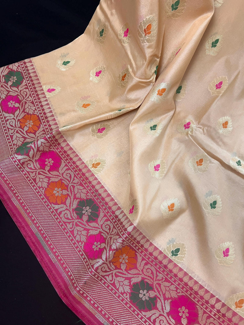 Ivory Cream Banarasi Silk Saree with Hot Pink combination - Meenakari Floral Design - Soft Silk Handloom Saree