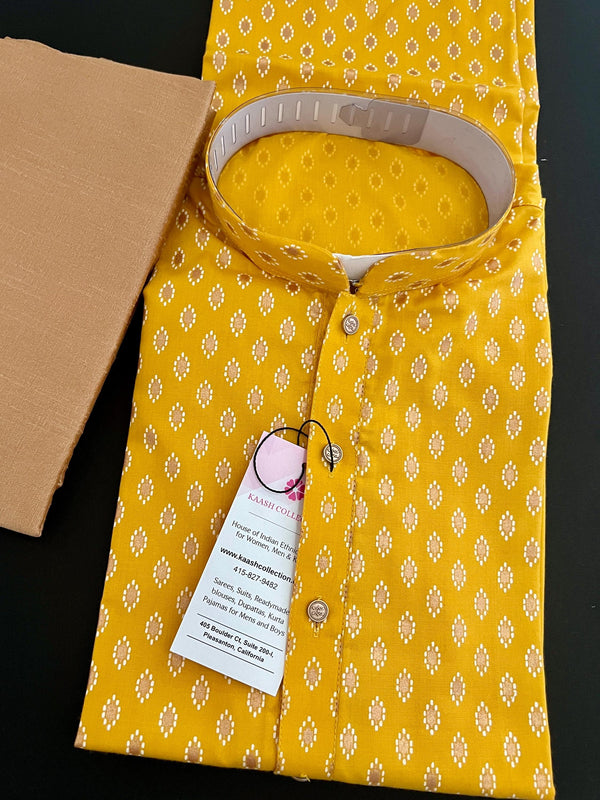 Turmeric Color Premium Pure Cotton Mens Kurta Pajama Set with Gold Buttis - Kurta for Haldi Ceremony - Kurta for Puja  - Yellow Color Kurta