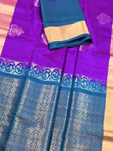 Purple Pure Kanjivaram Soft Silk Handloom Saree with Teal Green Pallu and Blouse | Muted Zari Work | SILK MARK CERTIFIED