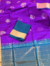 Purple Pure Kanjivaram Soft Silk Handloom Saree with Teal Green Pallu and Blouse | Muted Zari Work | SILK MARK CERTIFIED