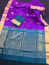 Purple Pure Kanjivaram Soft Silk Handloom Saree with Teal Green Pallu and Blouse | Muted Zari Work | SILK MARK CERTIFIED