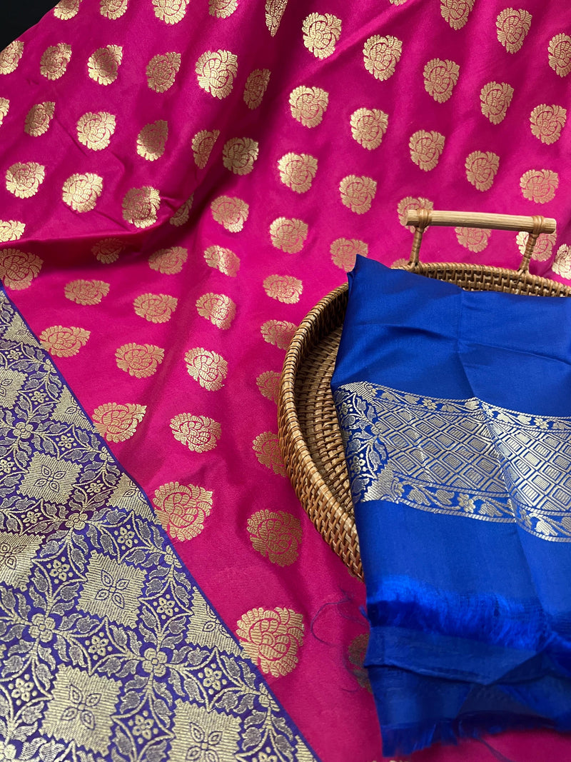 Pink with Blue Color Traditional Banarasi Handloom Silk Saree - Wide Border - Floral Butta - Banarasi Silk Saree