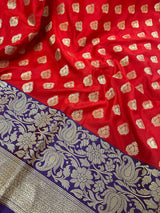 Red with Blue Pallu and Purple Border Traditional Banarasi Handloom Saree | Floral Design | Banarasi Silk Saree | Kaash Collection