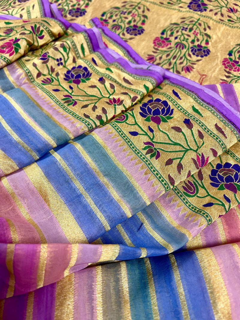 Lavender Color Pure Banarasi Georgette Silk Paithani Saree with Meenakari Work with Multi Color Stripes  - Silk Mark Certified