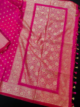 Handmade Hot Pink Color Soft Silk Saree - Muted Gold Resham Zari Weave  - Brocade Blouse - Light Weight Easy Drape Saree - Gift For Her