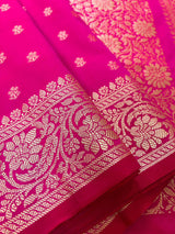 Handmade Hot Pink Color Soft Silk Saree - Muted Gold Resham Zari Weave  - Brocade Blouse - Light Weight Easy Drape Saree - Gift For Her