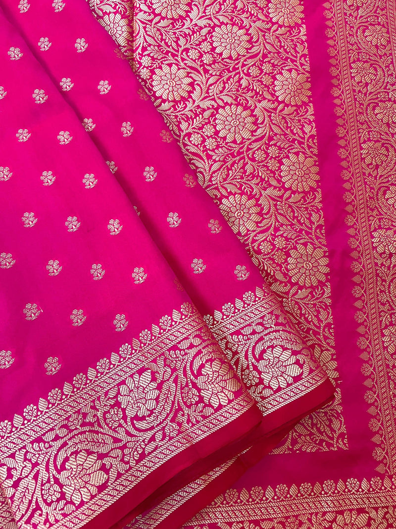 Handmade Hot Pink Color Soft Silk Saree - Muted Gold Resham Zari Weave  - Brocade Blouse - Light Weight Easy Drape Saree - Gift For Her