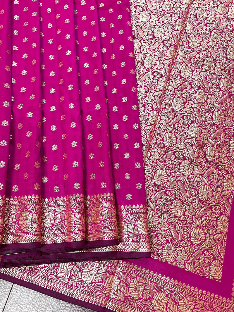 Handmade Magenta Pink Color Soft Silk Saree - Muted Gold Resham Zari Weave  - Brocade Blouse - Light Weight Easy Drape Saree - Gift For Her