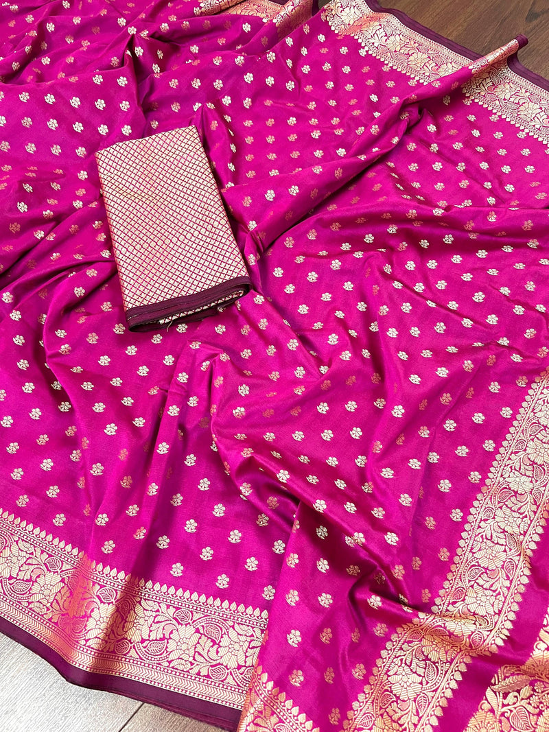 Handmade Magenta Pink Color Soft Silk Saree - Muted Gold Resham Zari Weave  - Brocade Blouse - Light Weight Easy Drape Saree - Gift For Her