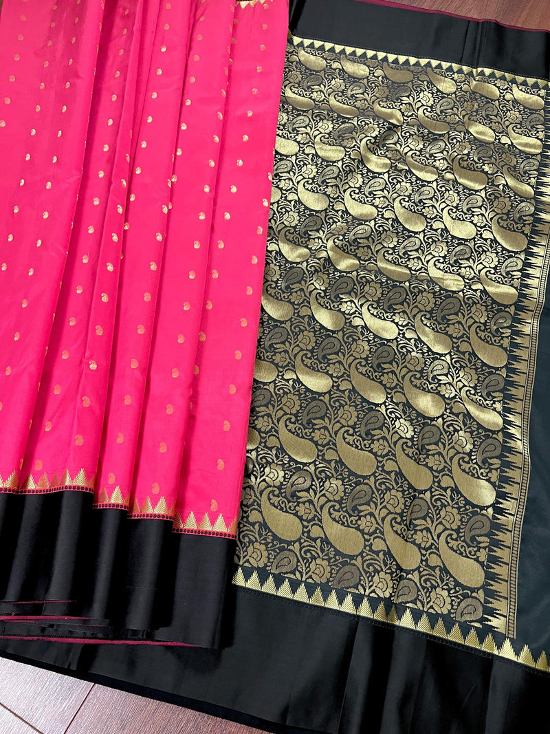 Statement Designer Tomato Pink with Black border and Pallu Saree | Banarasi Silk Saree | Soft Silk Saree