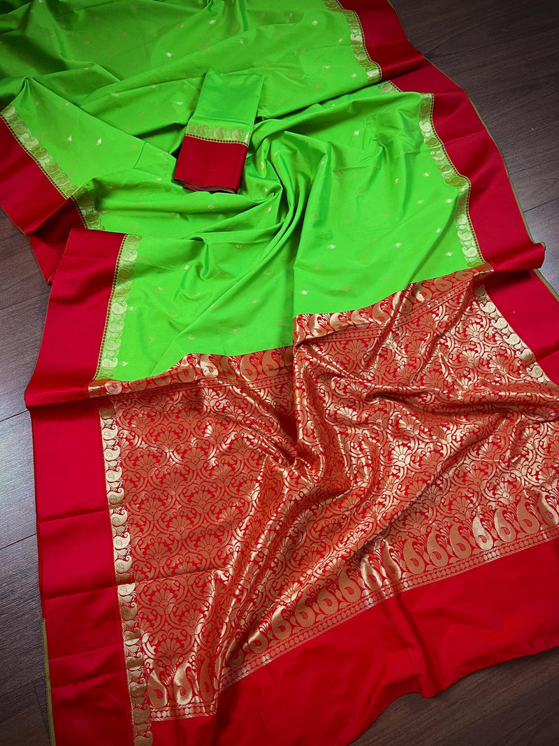 Statement Designer Parrot Green with Red border and Pallu Saree | Banarasi Silk Saree | Soft Silk Saree