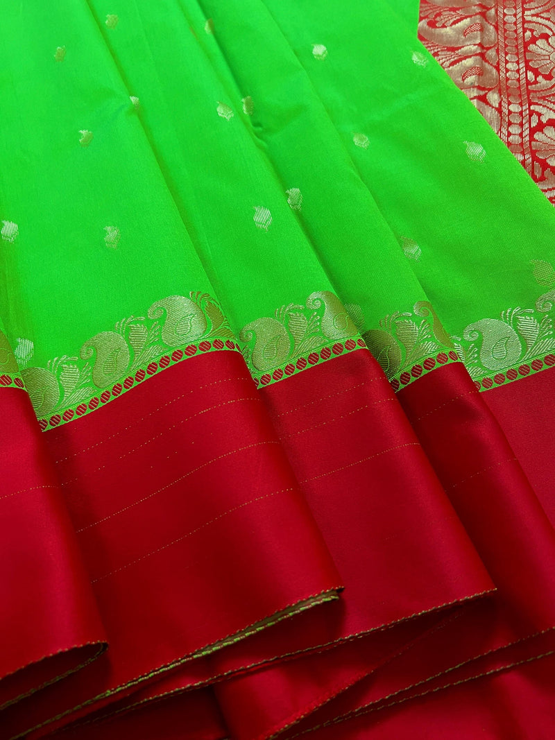 Statement Designer Parrot Green with Red border and Pallu Saree | Banarasi Silk Saree | Soft Silk Saree