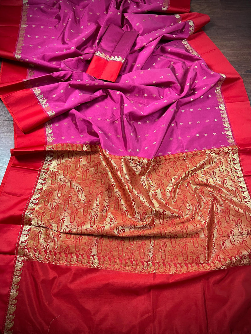 Statement Designer Plum with Red border and Pallu Saree -  Banarasi Silk Saree - Soft Silk Saree - Gift For Her