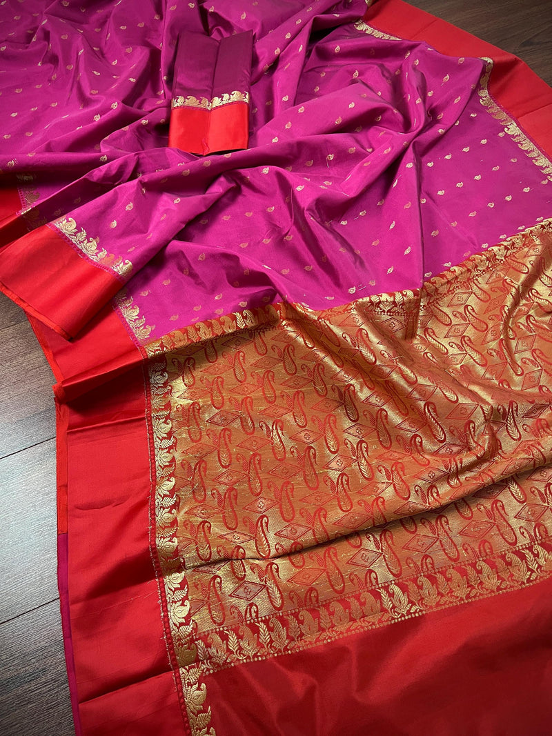 Statement Designer Plum with Red border and Pallu Saree -  Banarasi Silk Saree - Soft Silk Saree - Gift For Her