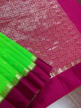 Statement Designer Parrot Green with Plum border and Pallu Saree | Banarasi Silk Saree | Soft Silk Saree | Festival Indian Wear