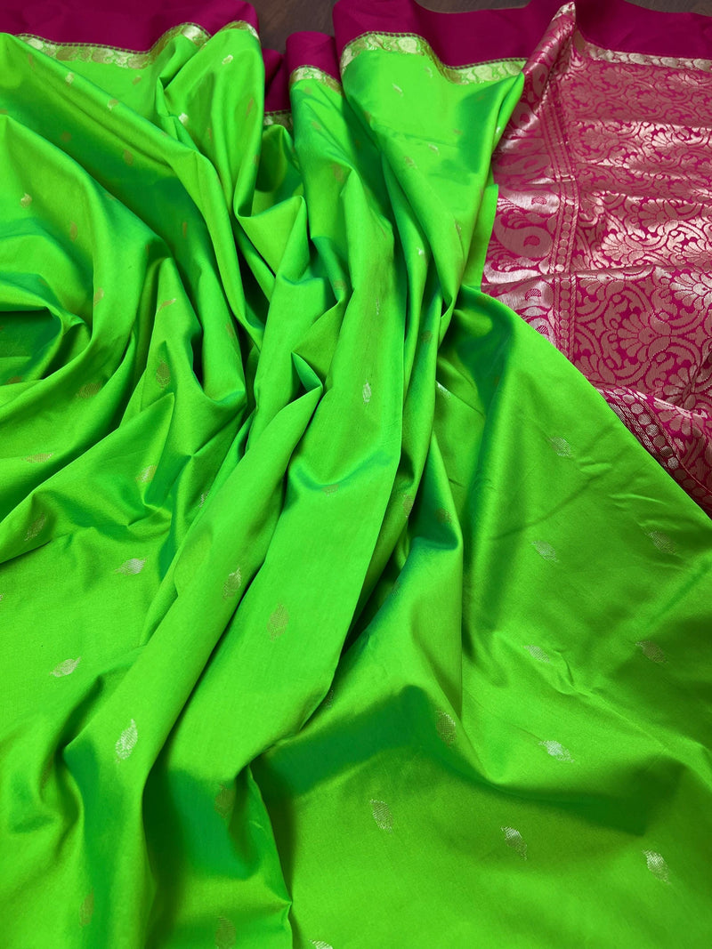 Statement Designer Parrot Green with Plum border and Pallu Saree | Banarasi Silk Saree | Soft Silk Saree | Festival Indian Wear