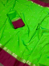 Statement Designer Parrot Green with Plum border and Pallu Saree | Banarasi Silk Saree | Soft Silk Saree | Festival Indian Wear