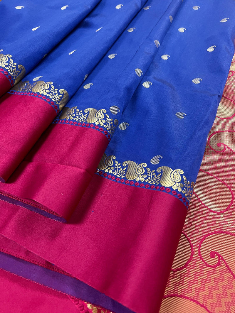 Statement Designer Blue with Magenta Pink border and Pallu Saree | Banarasi Silk Saree | Soft Silk Saree | Festival Indian Wear