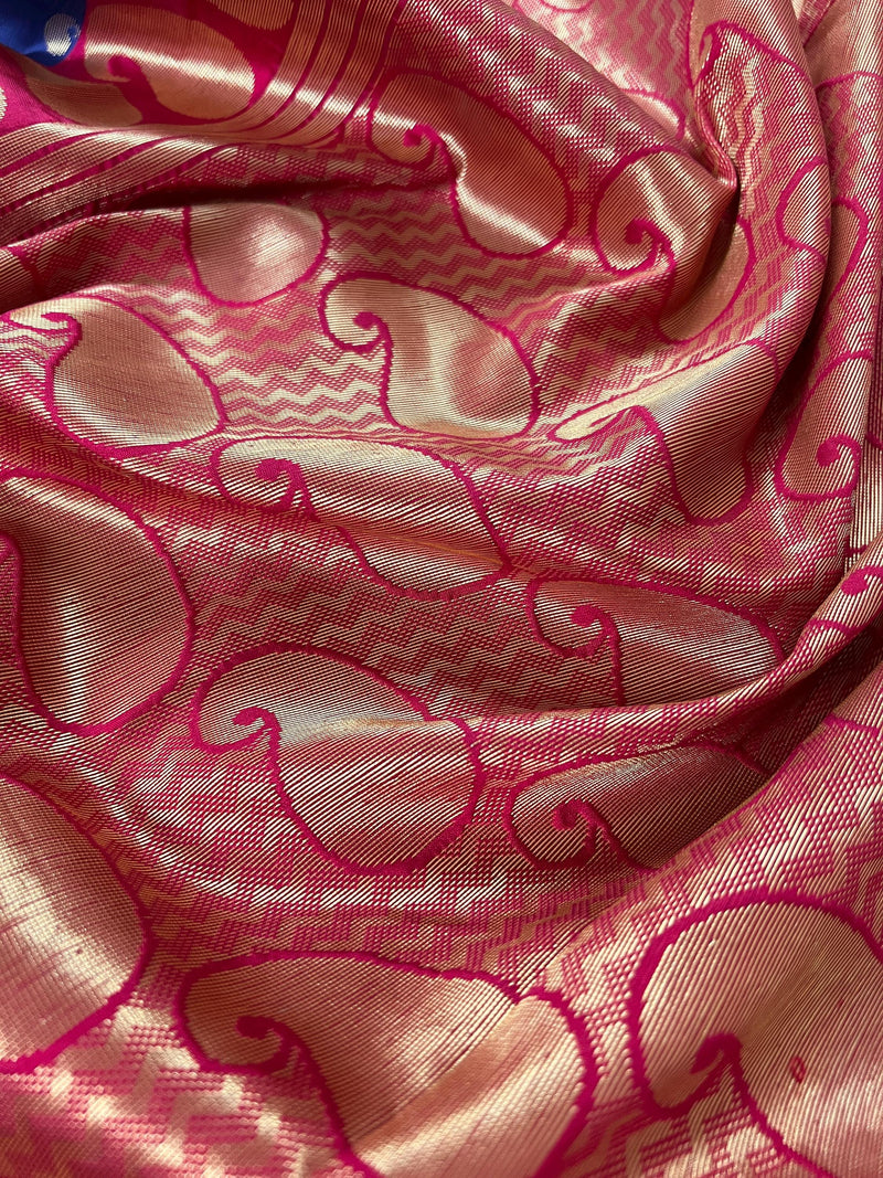 Statement Designer Blue with Magenta Pink border and Pallu Saree | Banarasi Silk Saree | Soft Silk Saree | Festival Indian Wear