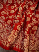 Pure Khaddi Georgette Banarasi Silk Saree in Red Color with Antique Copper Zari Weave - SILK MARK CERTIFIED