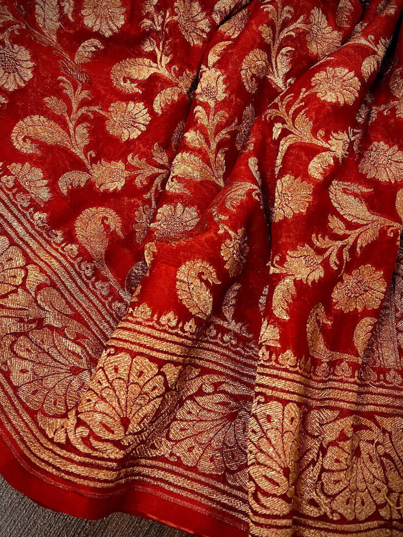 Pure Khaddi Georgette Banarasi Silk Saree in Red Color with Antique Copper Zari Weave - SILK MARK CERTIFIED