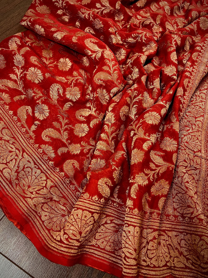 Pure Khaddi Georgette Banarasi Silk Saree in Red Color with Antique Copper Zari Weave - SILK MARK CERTIFIED