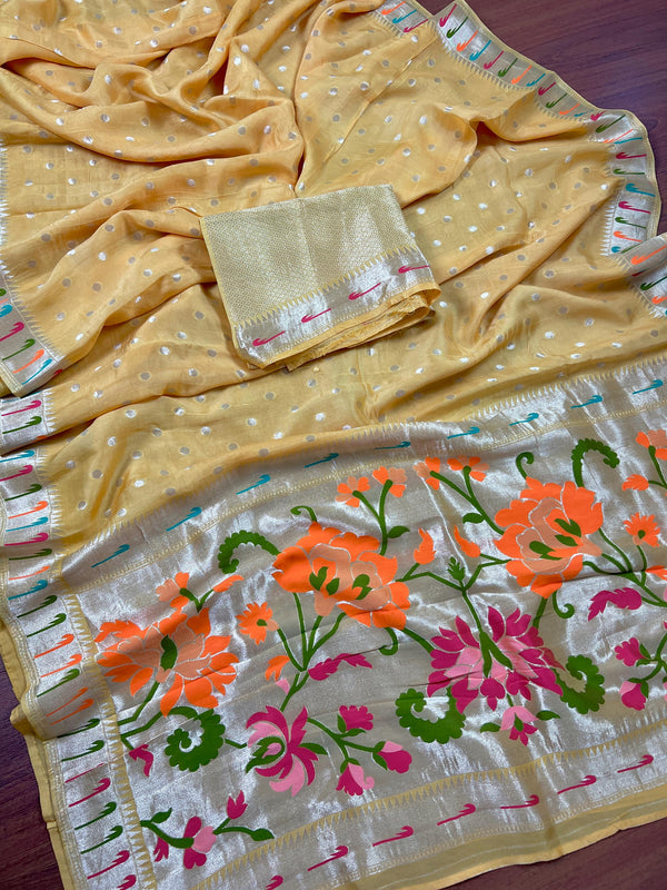 Mustard Yellow Color Pure Handloom Banarasi Crepe Paithani with Meenakari Work | Pure Crepe Silk Saree | Paithani Sari | SILK Mark Certified