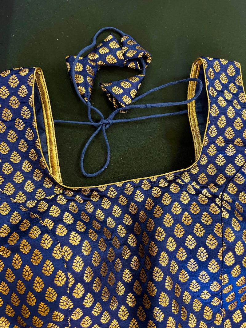 Blue Color Readymade Blouse with small Gold Buttis Pure Banarasi - Readymade Blouses -  Blue Color Stitched Blouse - Banarasi Blouse