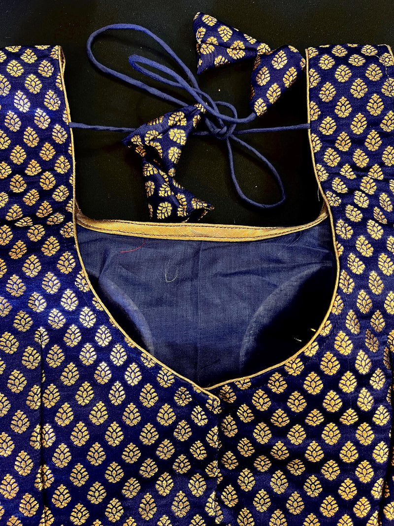 Blue Color Readymade Blouse with small Gold Buttis Pure Banarasi - Readymade Blouses -  Blue Color Stitched Blouse - Banarasi Blouse