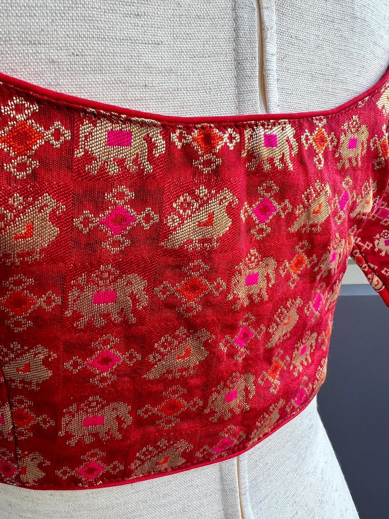 Size 36 | Red Readymade Blouse with Elephant and Peacock Motifs in Silk  | Ready to Wear Blouses | Red Color Blouse | Stitched Blouse