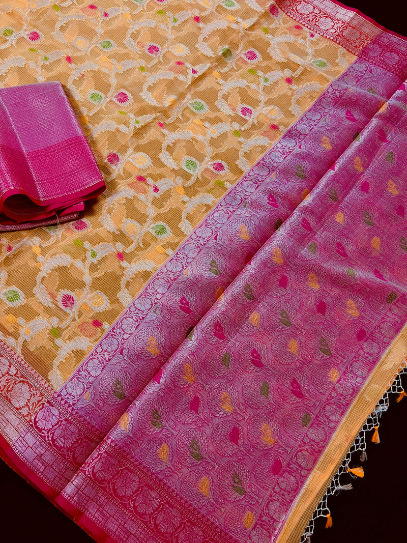 Mustard Yellow Color Organza Kora Silk Saree Saree with Sliver Zari | Banarasi Light Weight and Soft Saree