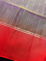 Purple with Yellow hue Pure Kanjivaram Soft Silk Handloom Saree with Orange Pallu and Blouse | Muted Zari Work | SILK MARK CERTIFIED