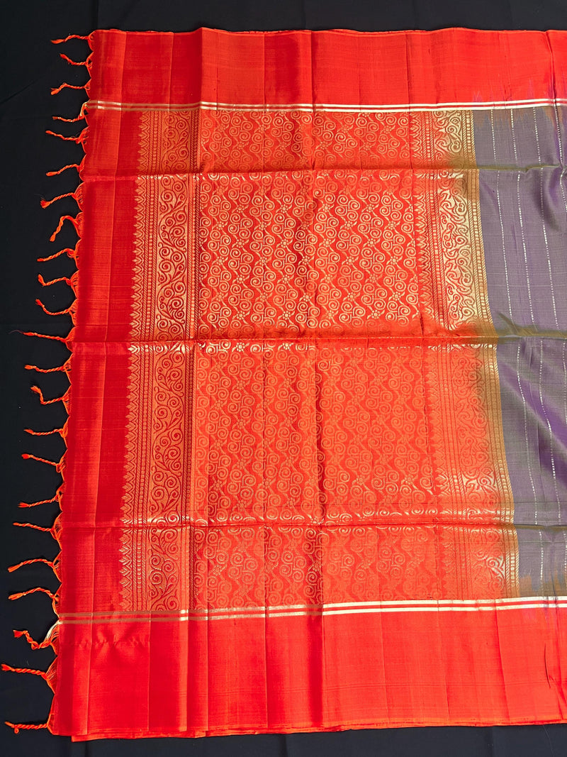 Purple with Yellow hue Pure Kanjivaram Soft Silk Handloom Saree with Orange Pallu and Blouse | Muted Zari Work | SILK MARK CERTIFIED