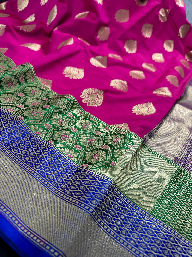 Hot Pink with Green and Blue color combination Traditional Satin Border Banarasi Handloom Soft Silk Saree | Silk Sarees