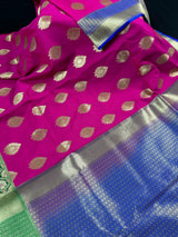 Hot Pink with Green and Blue color combination Traditional Satin Border Banarasi Handloom Soft Silk Saree | Silk Sarees