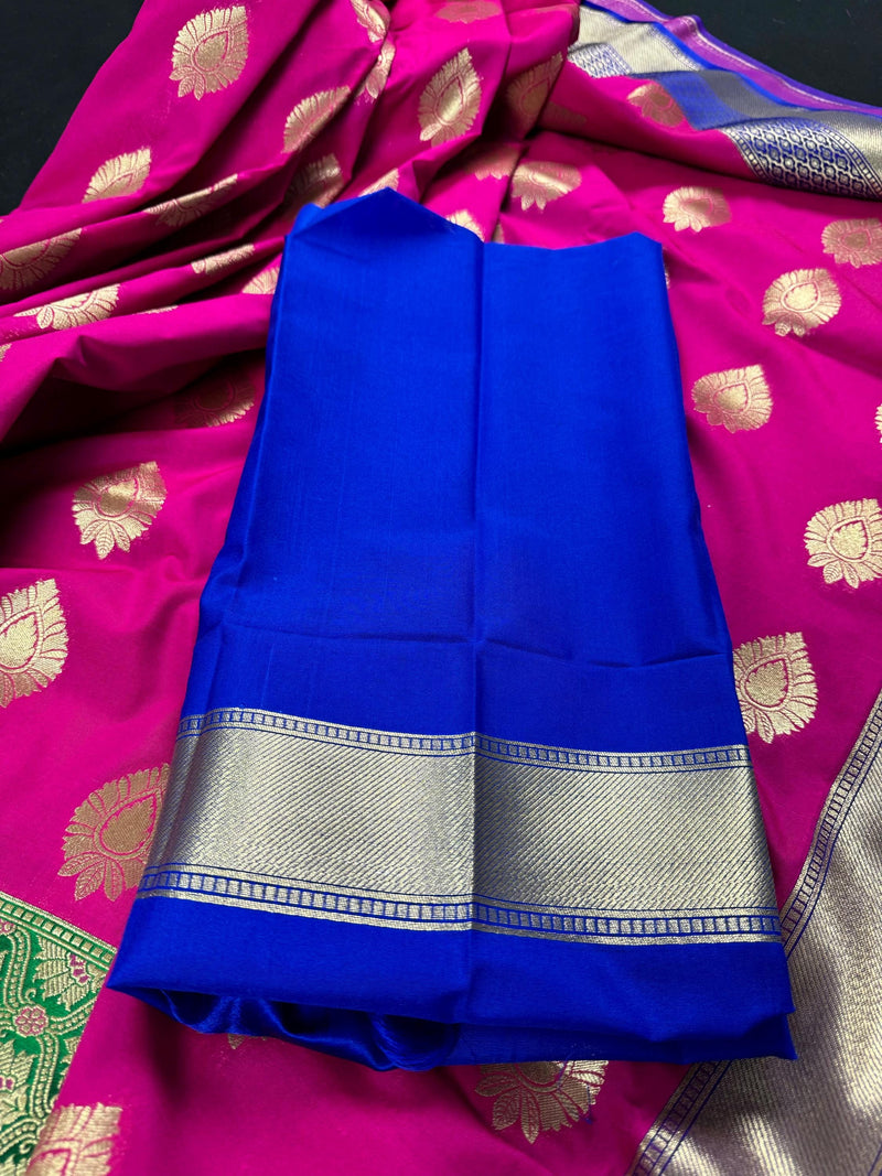 Hot Pink with Green and Blue color combination Traditional Satin Border Banarasi Handloom Soft Silk Saree | Silk Sarees