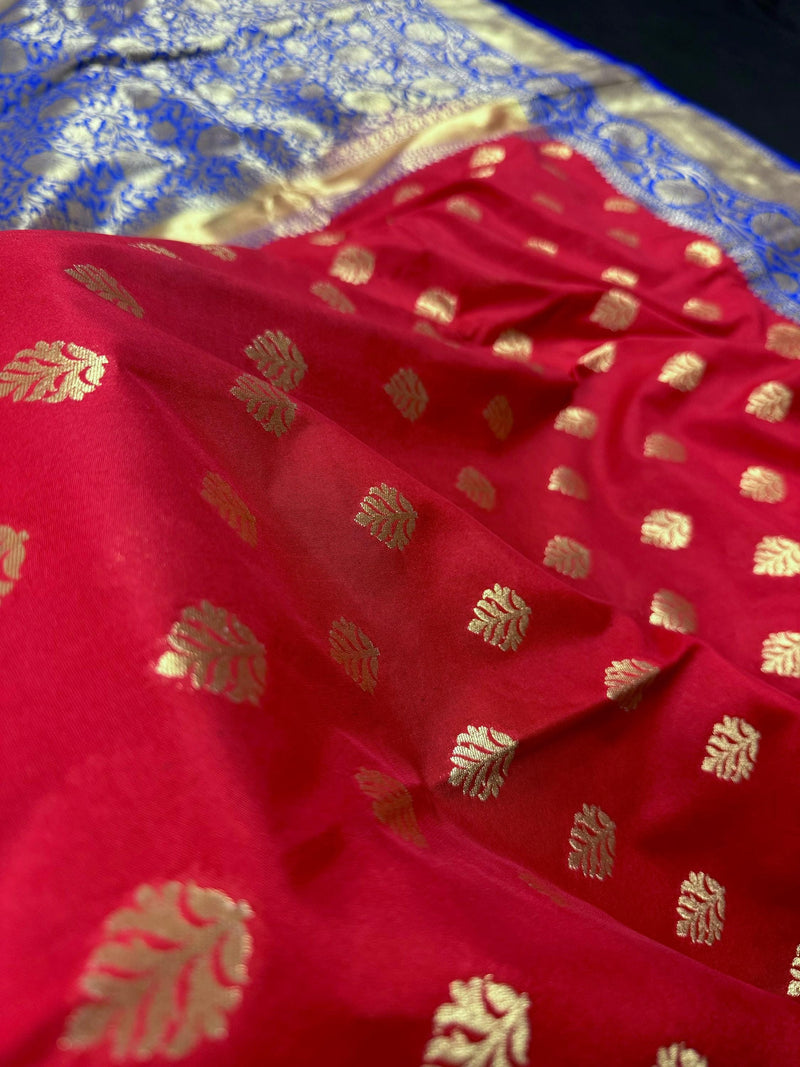 Red with Blue Pallu and Blue Border Traditional Banarasi Handloom Saree with Floral Jaal Design on Border | Banarasi Silk Saree