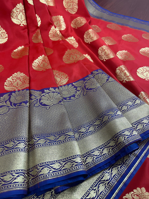 Red with Blue color combination Traditional Satin Border Banarasi Handloom Soft Silk Saree | Silk Sarees