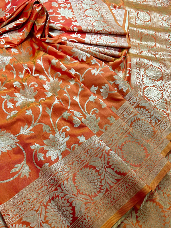 Orange Traditional Banarasi handloom Saree with tint of Yellow | Orange Color Sarees | Banarasi Silk Saree