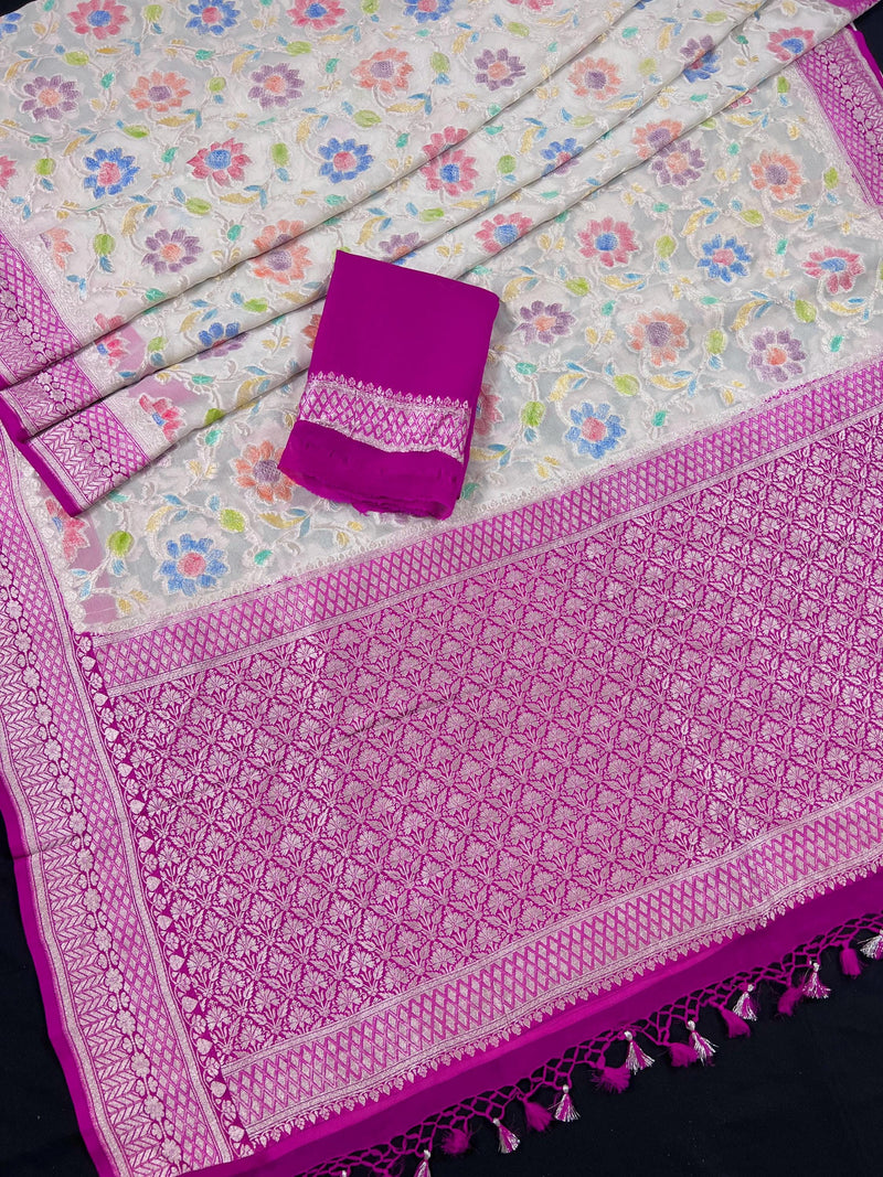 White and Magenta Pink Pure Georgette Silk Saree with Water Zari and Brush Paint | Floral Jaal Saree | SILK MARK CERTIFIED