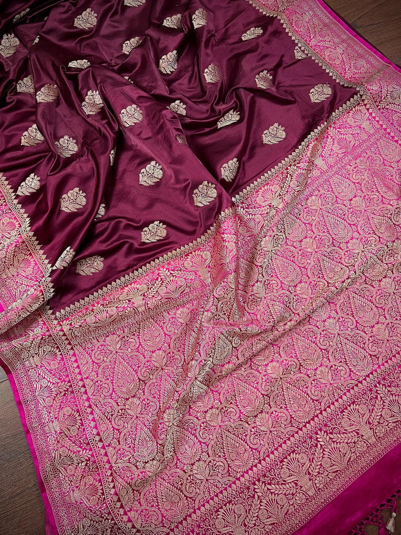 Semi Pure Wine and Hot Pink Color Soft Mashru Silk handloom Saree with Muted Gold Zari Weave | Banarasi Mashru Silk Saree