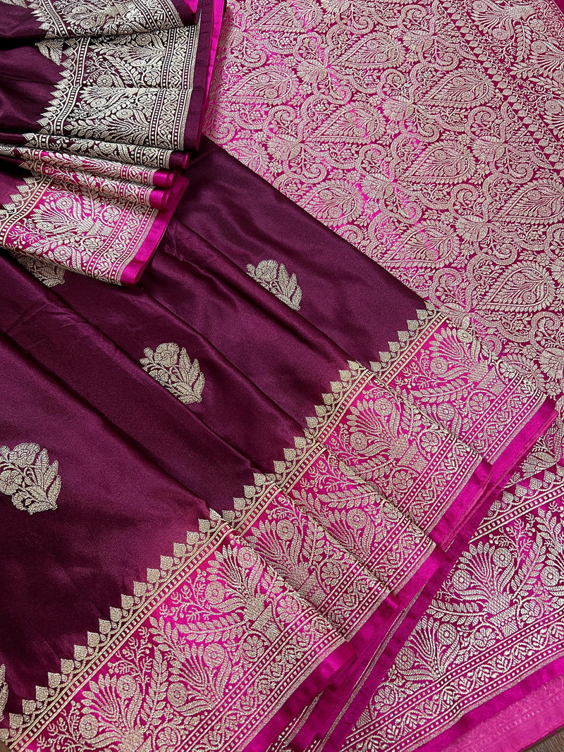 Semi Pure Wine and Hot Pink Color Soft Mashru Silk handloom Saree with Muted Gold Zari Weave | Banarasi Mashru Silk Saree