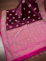 Semi Pure Wine and Hot Pink Color Soft Mashru Silk handloom Saree with Muted Gold Zari Weave | Banarasi Mashru Silk Saree