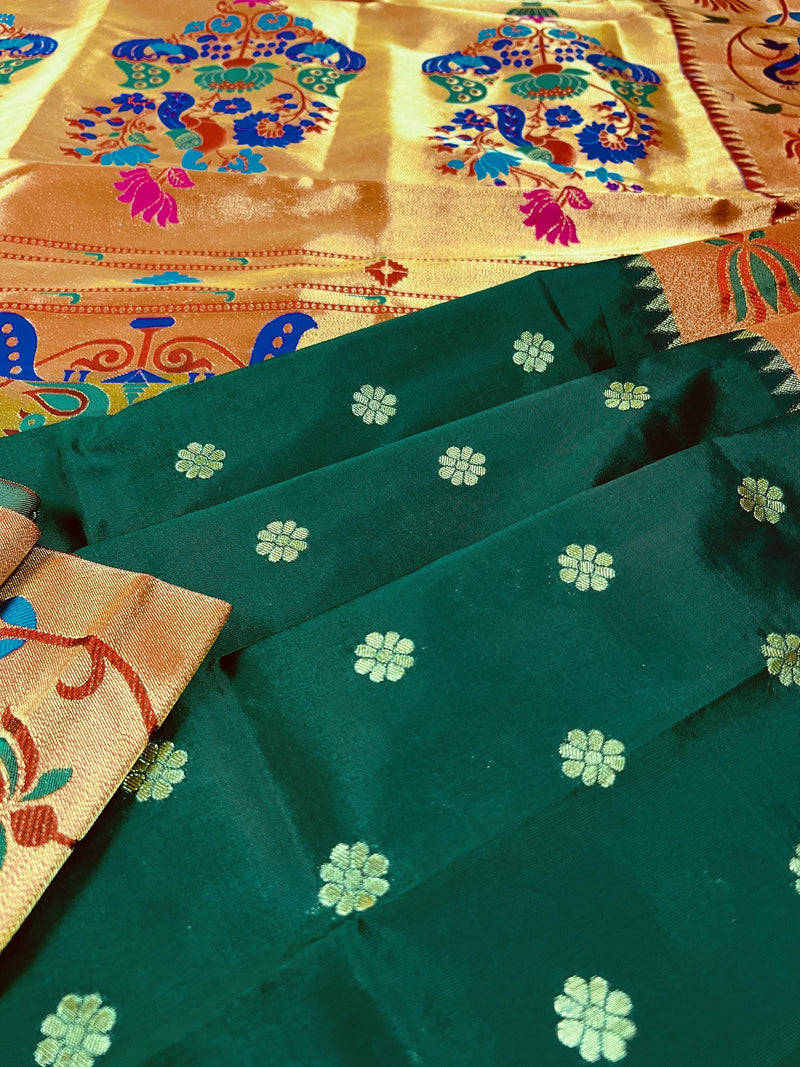 Statement Handwoven Bottle Green Color Paithani Banarasi Soft Silk Saree with Meenakari Work | Banarasi Soft Saree | Paithani Silk Sarees