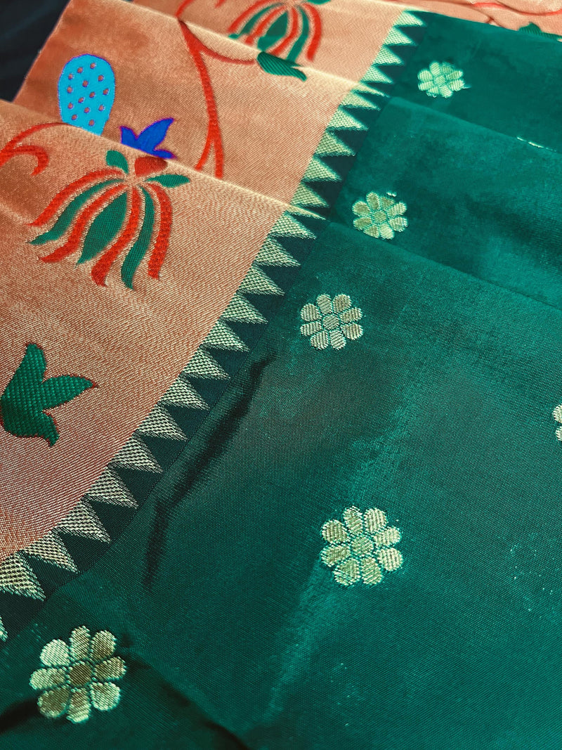 Statement Handwoven Bottle Green Color Paithani Banarasi Soft Silk Saree with Meenakari Work | Banarasi Soft Saree | Paithani Silk Sarees